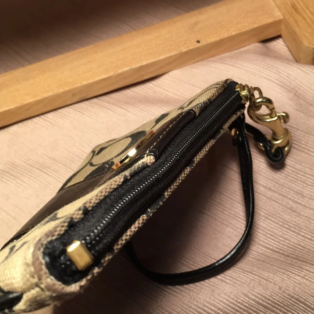 Coach leather and fabric monogram wristlet